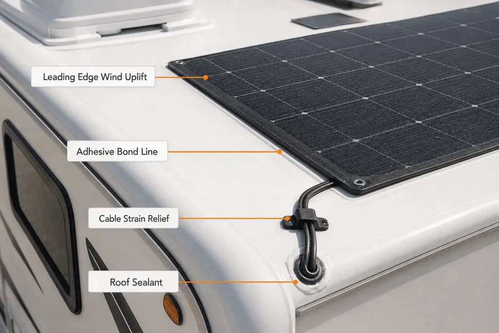 Adhesive, vibration and wind uplift risk points