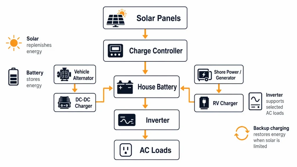 RV solar system diagram showing panels, charge controller, battery, inverter and loads