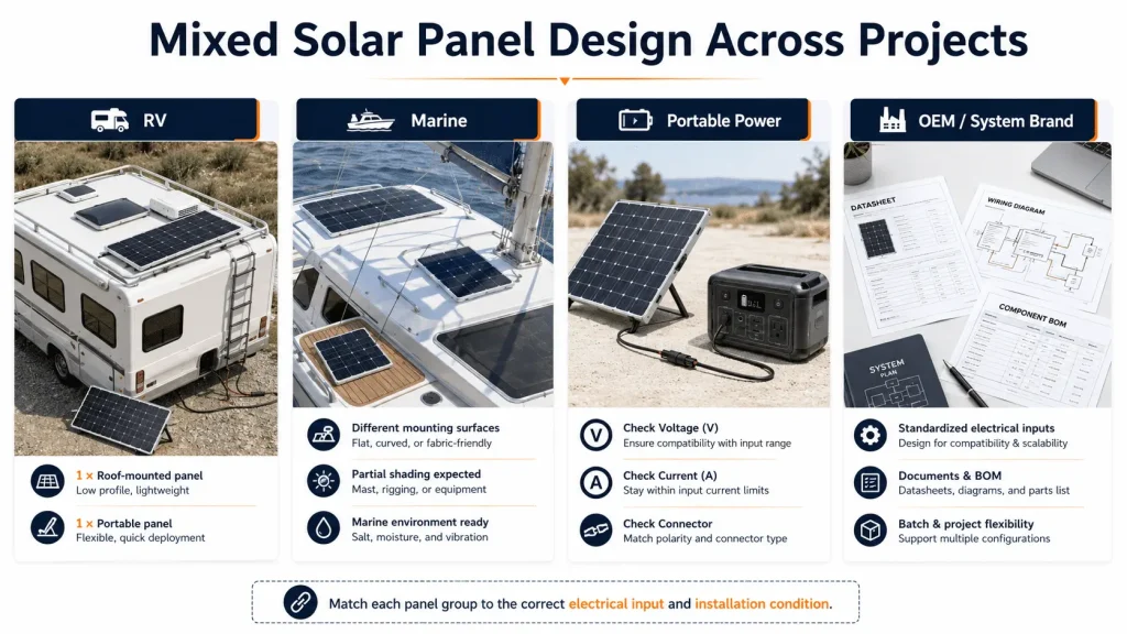 Mixed solar panel applications for RV marine portable power and OEM systems
