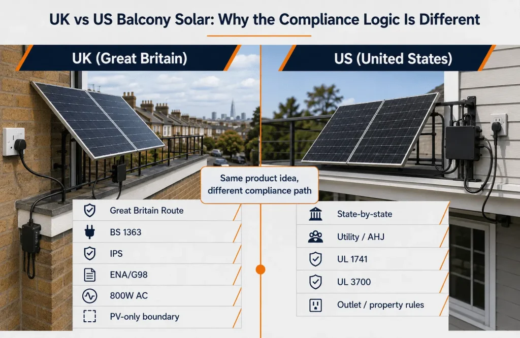 UK vs US balcony solar compliance comparison