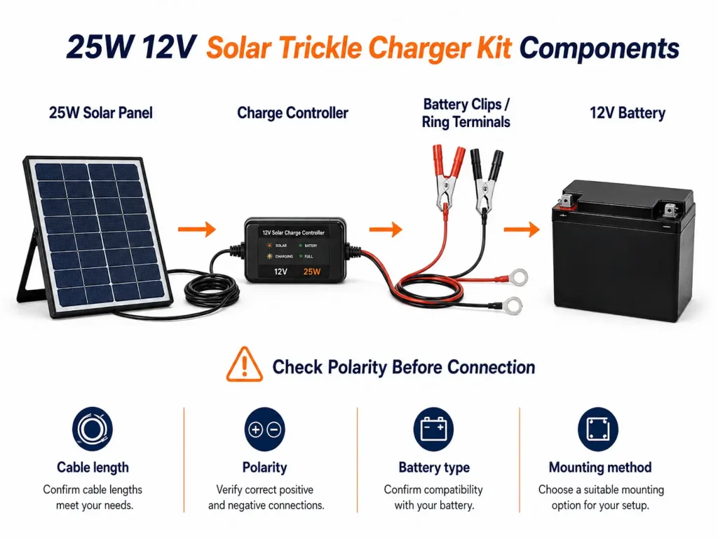25W 12V Solar Trickle Charger Kit Components