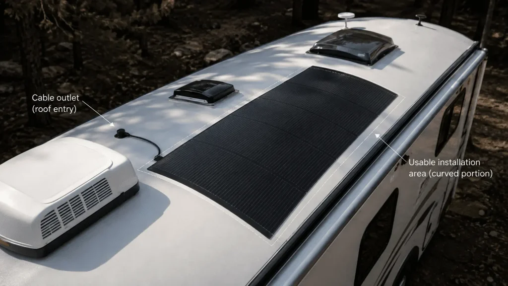Flexible solar panel on a curved RV roof