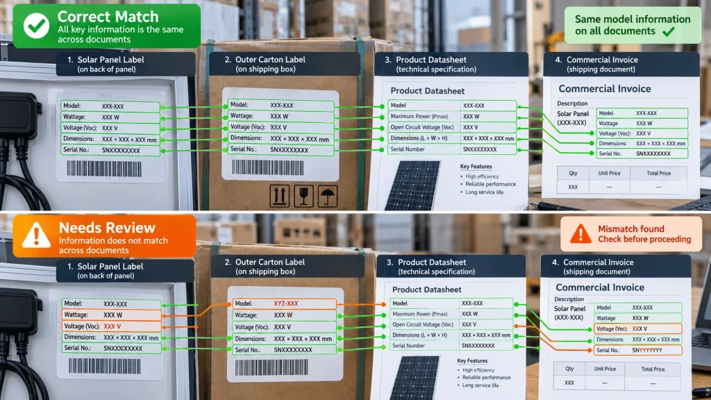 Matching solar panel model information across documents